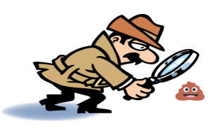 Cartoon of detective inspecting poop emoji through a magnifying glass