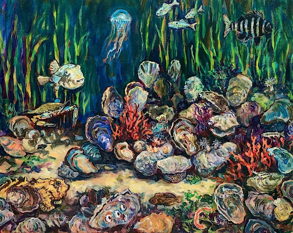 Underwater scene with fish, oysters, etc.