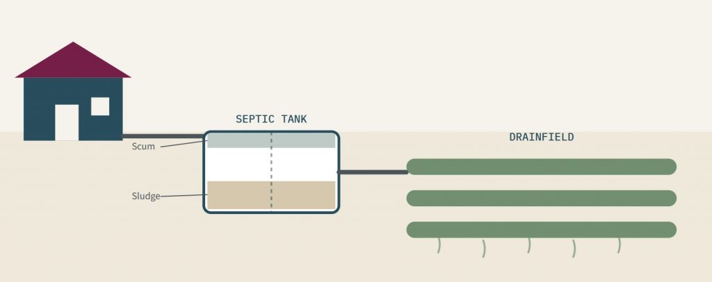 Graphic showing a house, a septic tank, and a drain field